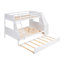 Lit simple superposé au dessus d'un lit double avec lit gigogne et bureau intégré, trois tiroirs de rangement et une tablette, blanc