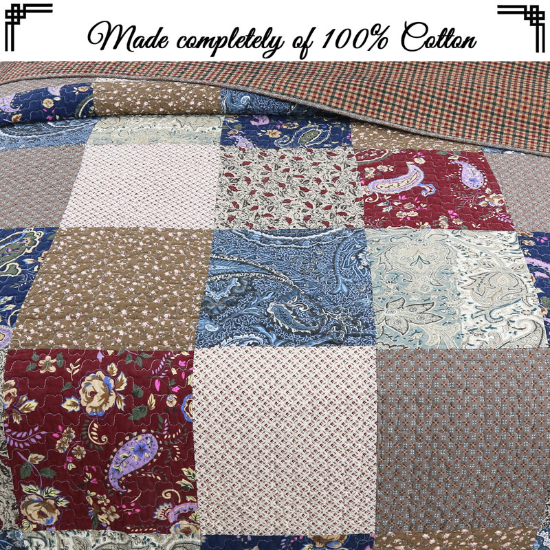 Queen Size Blue and Beige Cotton Reversible Quilt Set