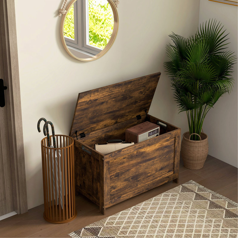 Coffre de rangement avec 2 charnières de sécurité, boîte en bois, Brun rustique