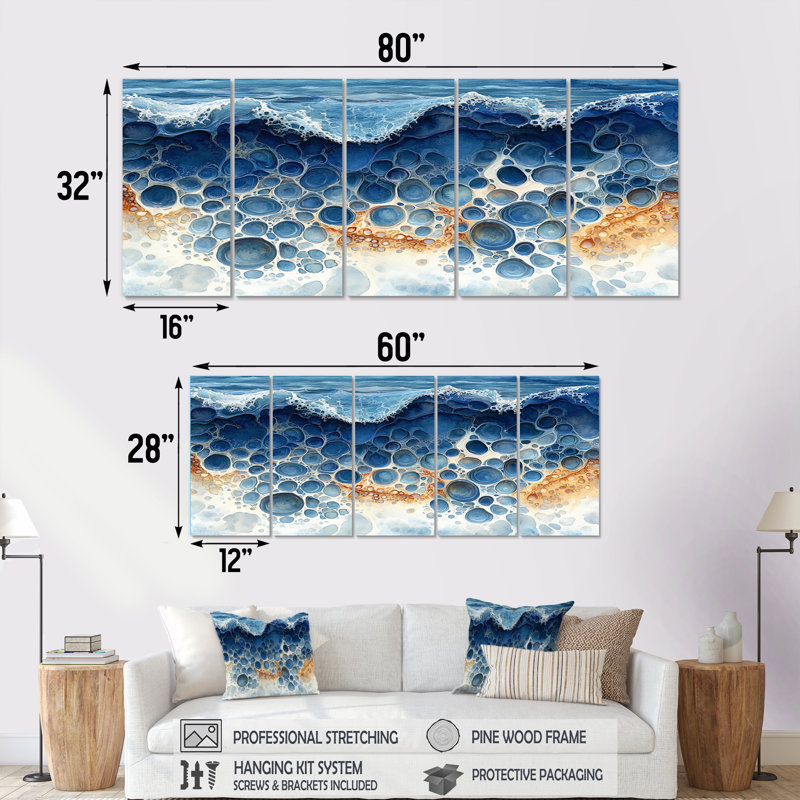 Coastal Reef dans des tons de bleu et d'orange - ensemble d'art sur toile corail, H 28 po x l 60 po