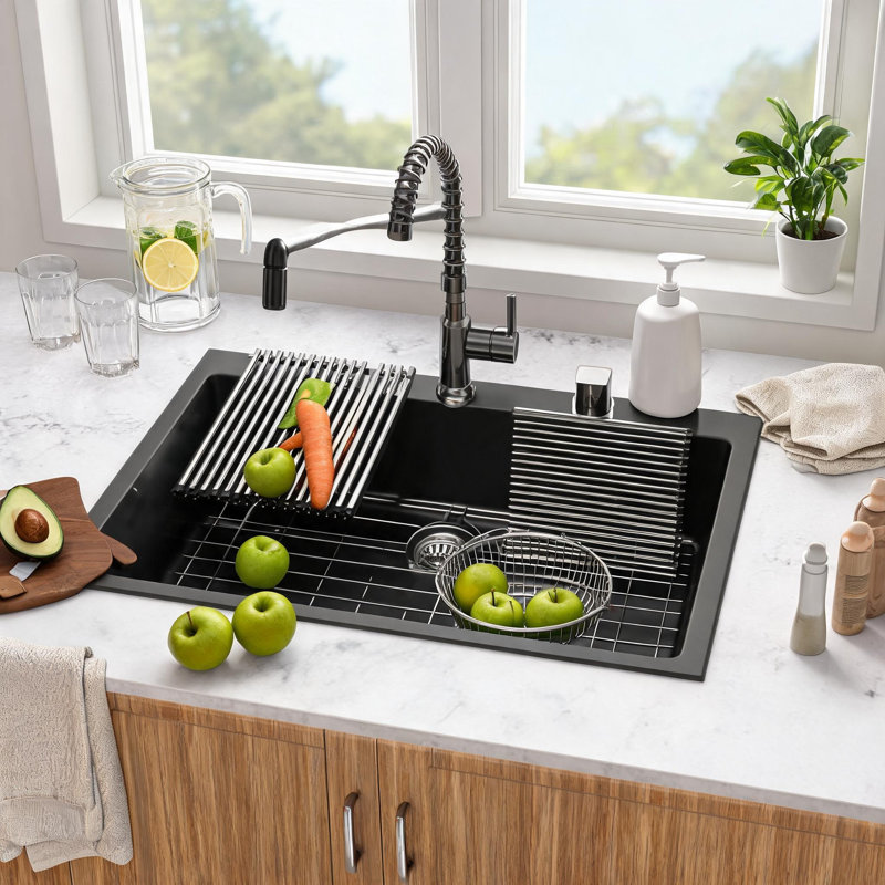 Évier de cuisine encastré en composite de quartz noir de 84 cm x 56 cm x 25 cm avec bonde arrière