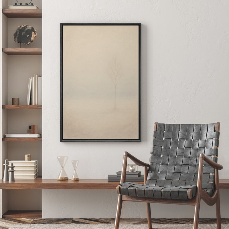 «Bare Tree in Beige Mist», toile encadrée - paysage d'hiver minimal pour salon ou bureau moderne - décor nordique neutre doux