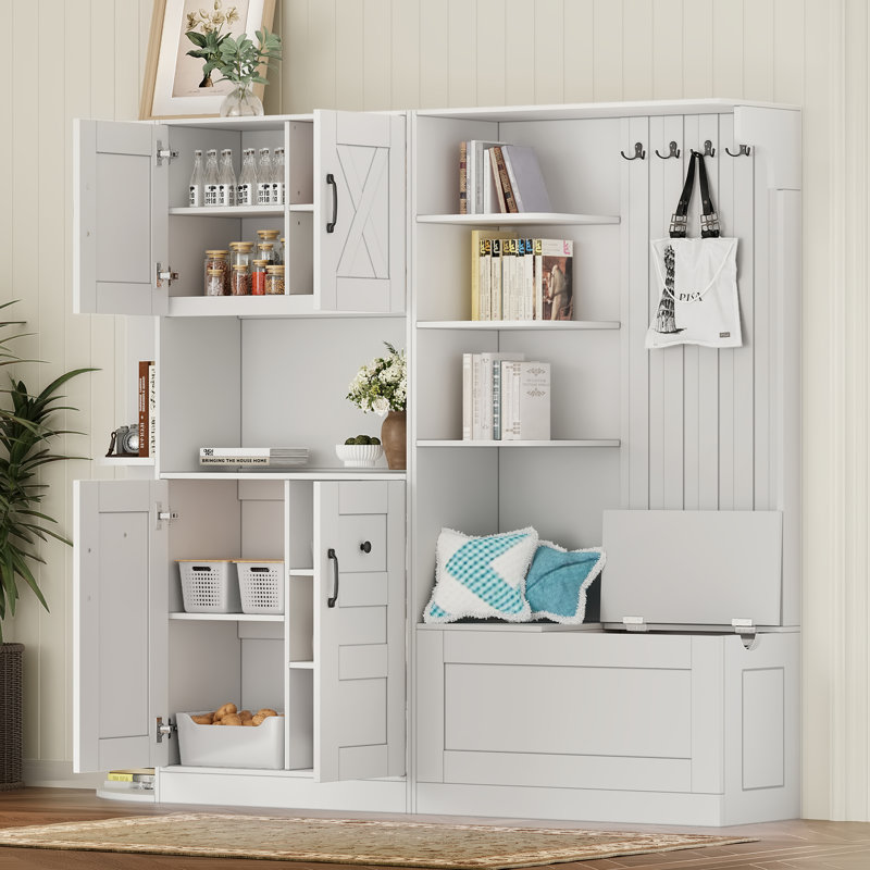 2-in-1 Left-Right Hall Tree Storage Cabinet, 4 Hooks, Split Freestanding Entryway Cabinet, White, White