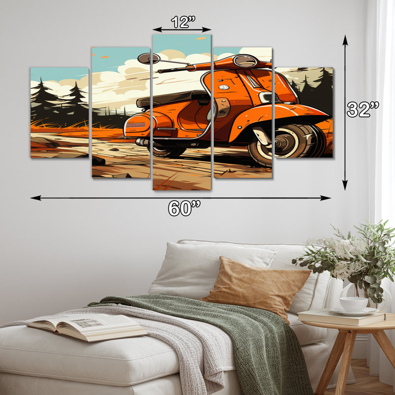 Coral Scooter In Country Retro - Impression sur toile transport - 5 panneaux