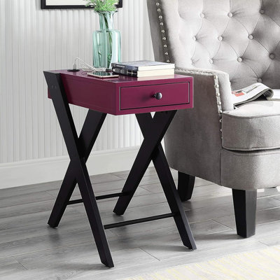 Table d'appoint rectangulaire avec station d'alimentation, finition noire et bourgogne, tiroir simple pour accessoires, base ouverte, joint Kd, matériau, poignée de charge d'accent 24 po de hauteur, conception des pieds, assemblage,