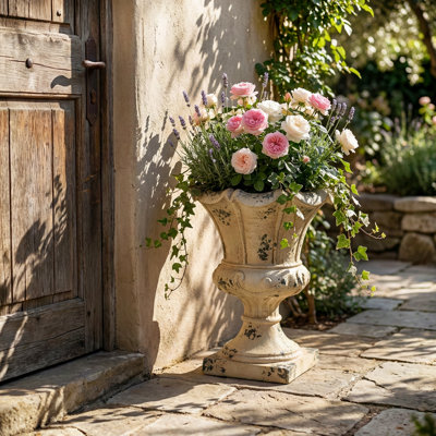 Aurelius Scalloped Heritage Hand-Painted MGO Modern Neoclassical Pedestal Garden Urn