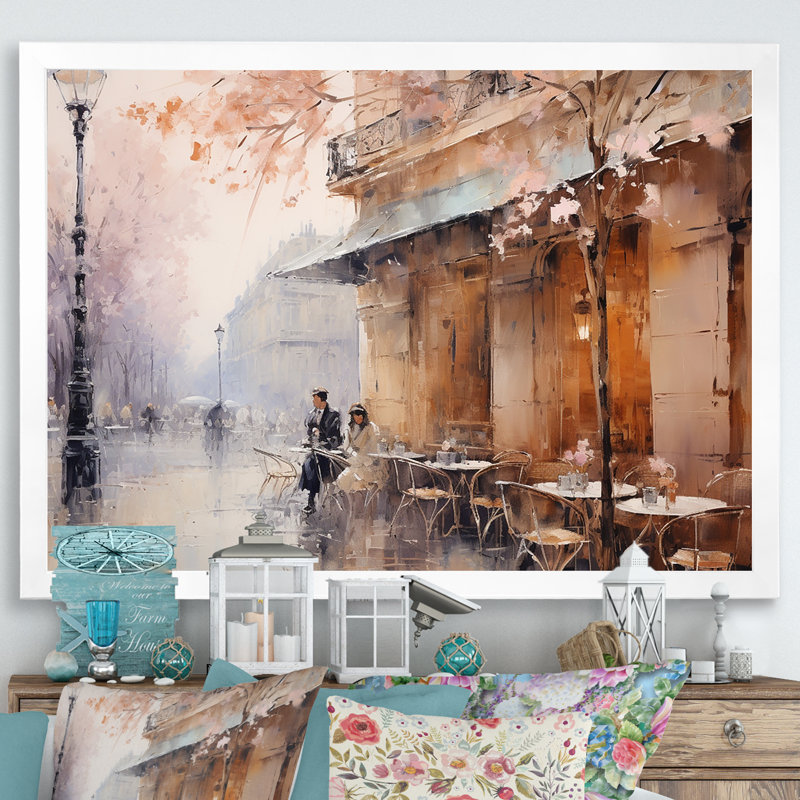 Peach Impressionist Cafe In Paris - Paris, impressions encadrées, H 12 po x l 20 po x P 1 po, Cadre blanc