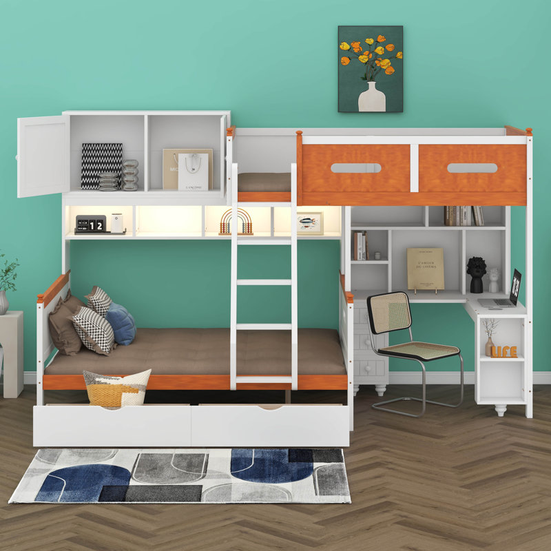 Lit superposé simple au dessus d'un lit double avec bureau encastré et éclairage DEL de rangement, conception en bois peu encombrante, avec tiroirs, tablettes et armoire