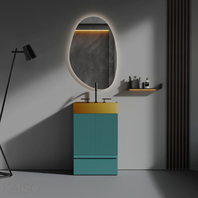20" Striped Aquamarine Bathroom Vanity With Integrated Brushed  Stainless Steel Bathroom Sink, Freestanding Bathroom Cabinet For Modern Bathroom, One-Piece Metal Basin Without Faucet