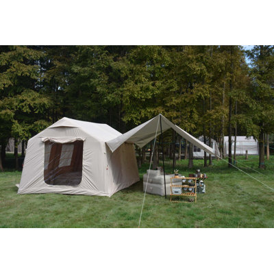 Tente de camping gonflable de 9,8 pi x 13 pi avec auvent et pompe à main, tente de glamping à l'air imperméable et coupe-vent facile à installer.