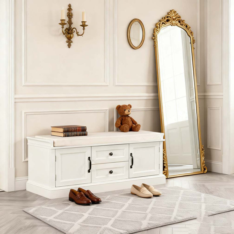 Storage Bench with 2 Drawers and 2 Cabinets, Shoe Bench with Removable Cushion, White