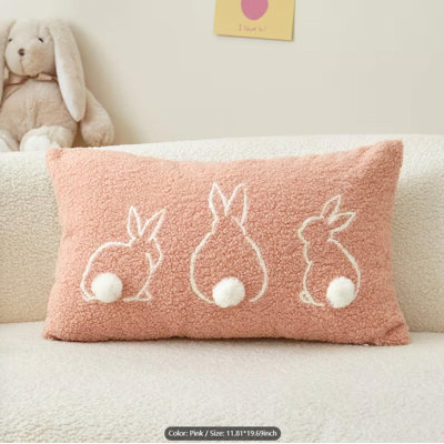 Easter Pillow Cover -  Soft Faux Fur Bunny Throw Pillow Cover 12×20 Inch - 3D Embroidered Rabbit Pattern - Spring Decorative Cushion Case For Sofa & Home Decoration