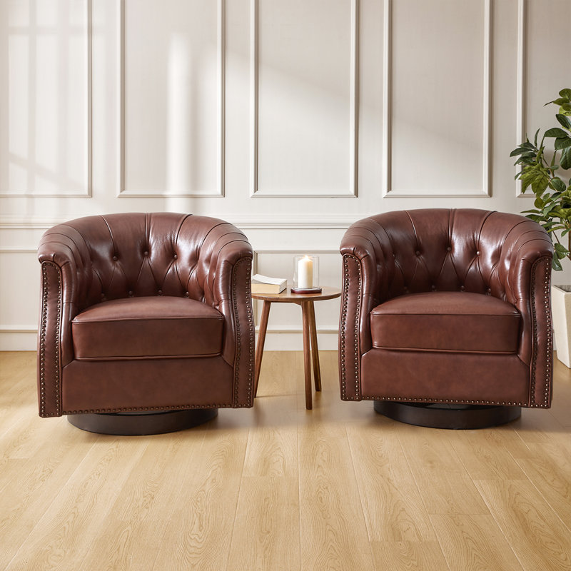 Nixmary Chesterfield Rocker And Swivel Genuine Leather Chair With Nailhead Trims, Brown Genuine Leather