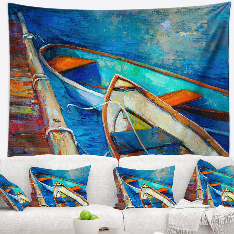 Bateaux marins et jetée dans la tapisserie à l'ombre bleue, H 50 po x l 60 po