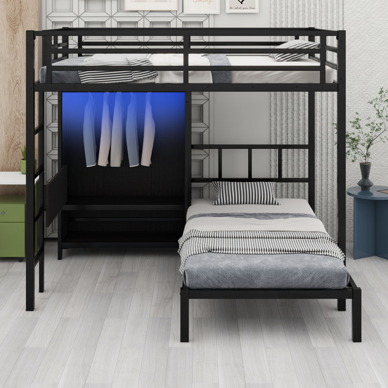 Lit superposé en métal avec bureau pliant, garde-robe à DEL