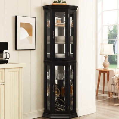 Sophisticated Glass Curio Cabinet With Built - In Led, Mirrored Back, And Adjustable Shelving, Black Elegant 3 Side Vintage Beads, Smooth Doors, Custo by Astoria Grand