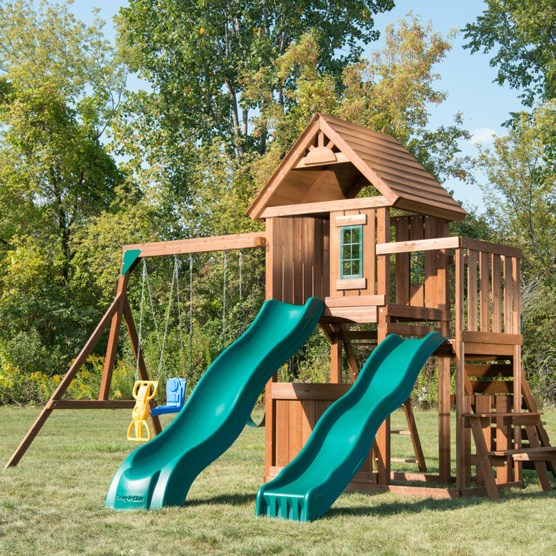 Knightsbridge Deluxe Wooden Backyard Swing Set with Slides and Swings