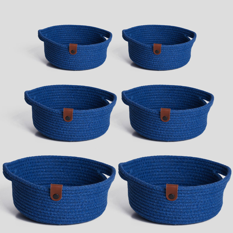 Ensemble de paniers en coton fait à la main (6 pièces), bleu, comprend 2 petits (5,9 x 5,9 x 2,4 po), 2 moyens (7,9 x 7,9 x 3,1 po), 2 grands (9,8 x 9,8 x 3,9 po) | 100% corde de jute de coton, solution de rangement élégante pour l'organisation de la maison et de la salle de bain