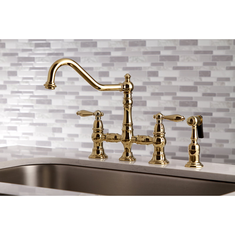 Kingston Brass Restoration Two-Handle 4-Hole Deck Mount Bridge Kitchen Faucet with Brass Side Sprayer, Polished Brass