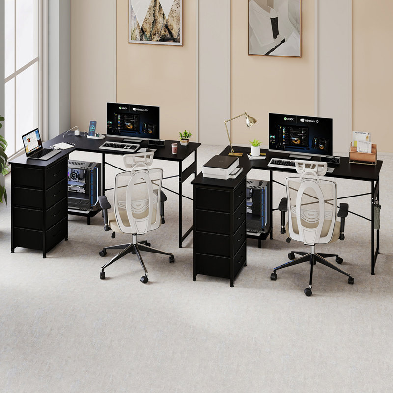 L-Shaped Metal Base Standing Desk with Power Outlet