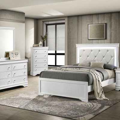 Sleek Modern 5-Piece Queen Bedroom Set With LED-Accented Upholstered Headboard And Elegant Storage