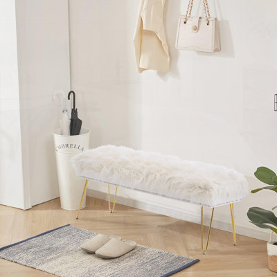 46 Inch White Faux Fur Upholstered Bed End Bench, Tufting Ottoman Bench Indoor Bench With Gold Metal Legs