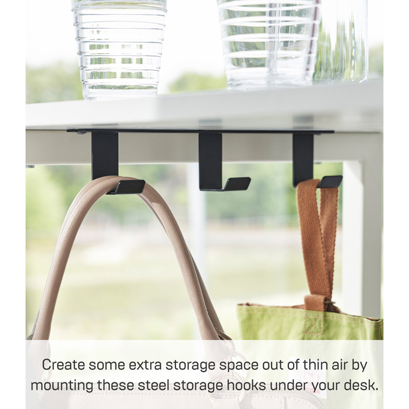 Black Steel Under-Desk Hanger with Wooden Hooks