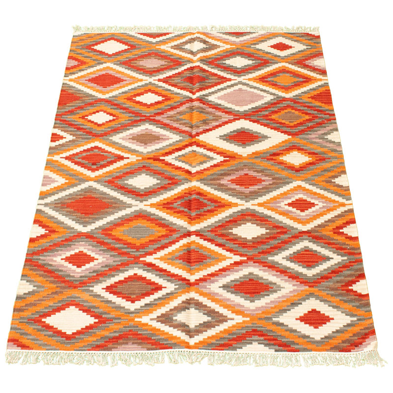 Kilim en laine tissé à la main rouge audacieux et coloré 5 pi 3 po x 7 pi 7 po