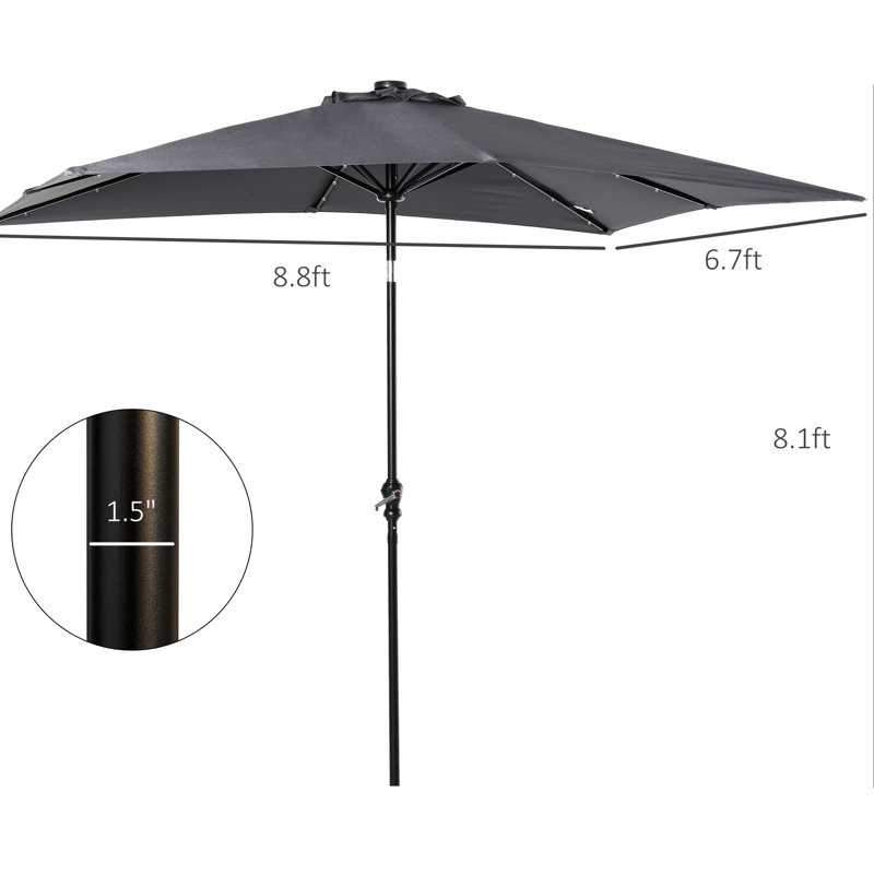 Parasol de patio avec lumières solaires et à DEL, profondeur de 8,8 pi, largeur de 6,7 pi, hauteur de 8,1 pi, inclinaison à bouton-poussoir, conception stable au vent, poteau de 1,5 po alimenté par le soleil, cadre en acier, auvent, pour utilisation dans la cour