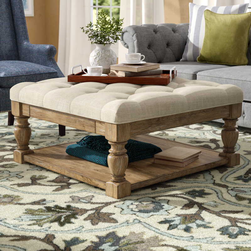 Arthuro Upholstered Ottoman, Heathered Dark Gray Linen, Natural