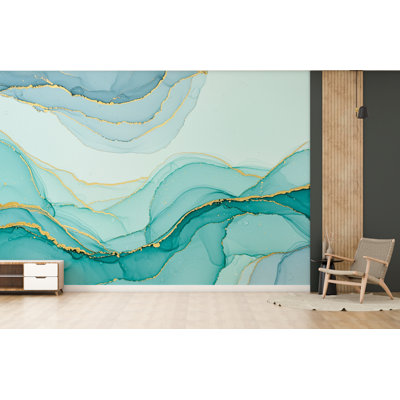 Papier peint écume de mer écume de mer avec accents dorés | Murale abstraite pelez et collez l'océan | Papier peint Tranquil Luxury Coastal 778RS (non tissé) RS778
