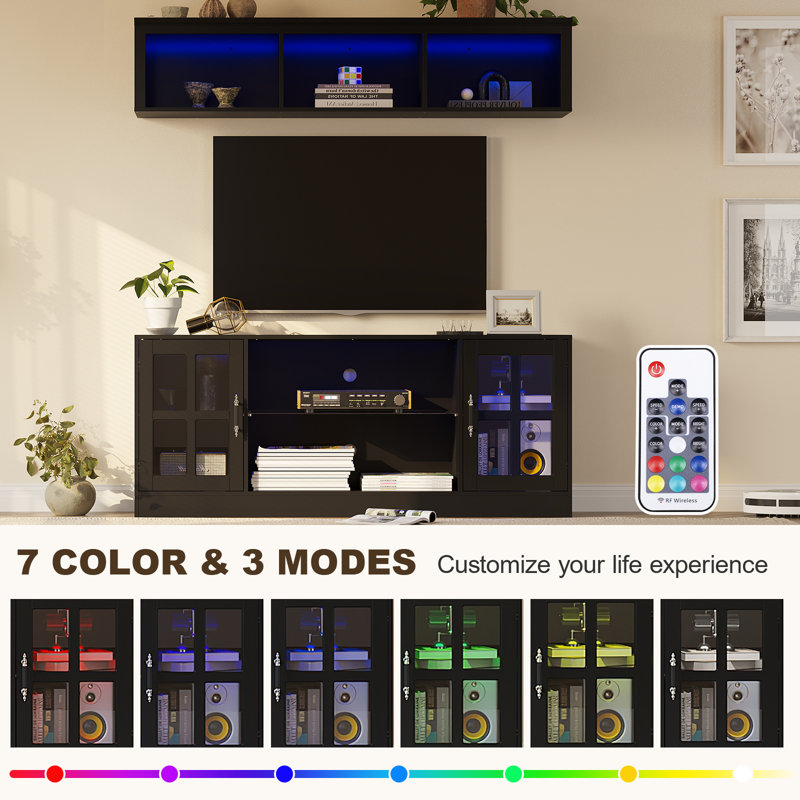 2-piece Wall Unit Tv Stand With Bookshelves, Modern Tv Console Table With Led Lights For Tvs Up To 65", Black