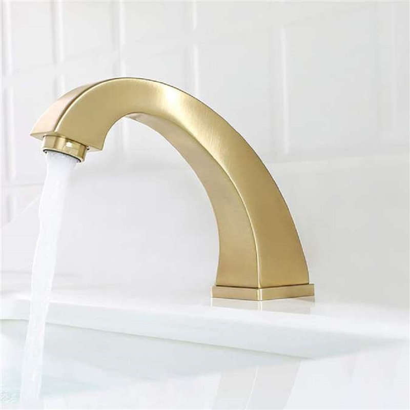 BathSelect Genoa Commercial Gold Touchless Automatic Sensor Faucet Brushed Gold Solid Brass Deck Mount Infrared Sensor Bathroom Sink Faucet
