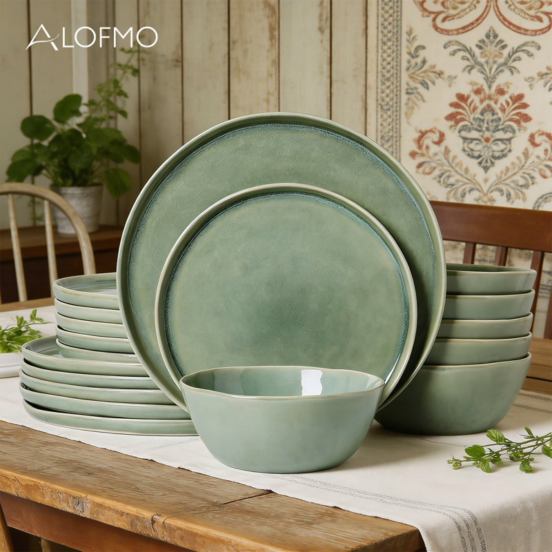 Farrar 18 Piece Water Ripple Design Stoneware Dinnerware Sets, Green