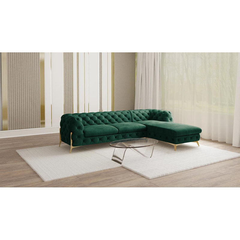 Corner Chaise Chesterfield Sofa  with Gold Metal Legs, Bottle Green, Right Hand Facing