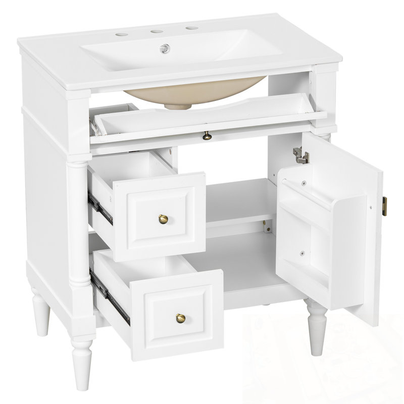 Meuble-lavabo avec lavabo, 2 tiroirs et tablette ajustable, Blanc