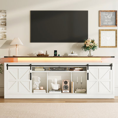 80.7 In Farmhouse TV Console Fits 80–90 In Tvs, Sliding Barn Door Entertainment Center With LED Lights, Power Outlet & Open Storage Shelves