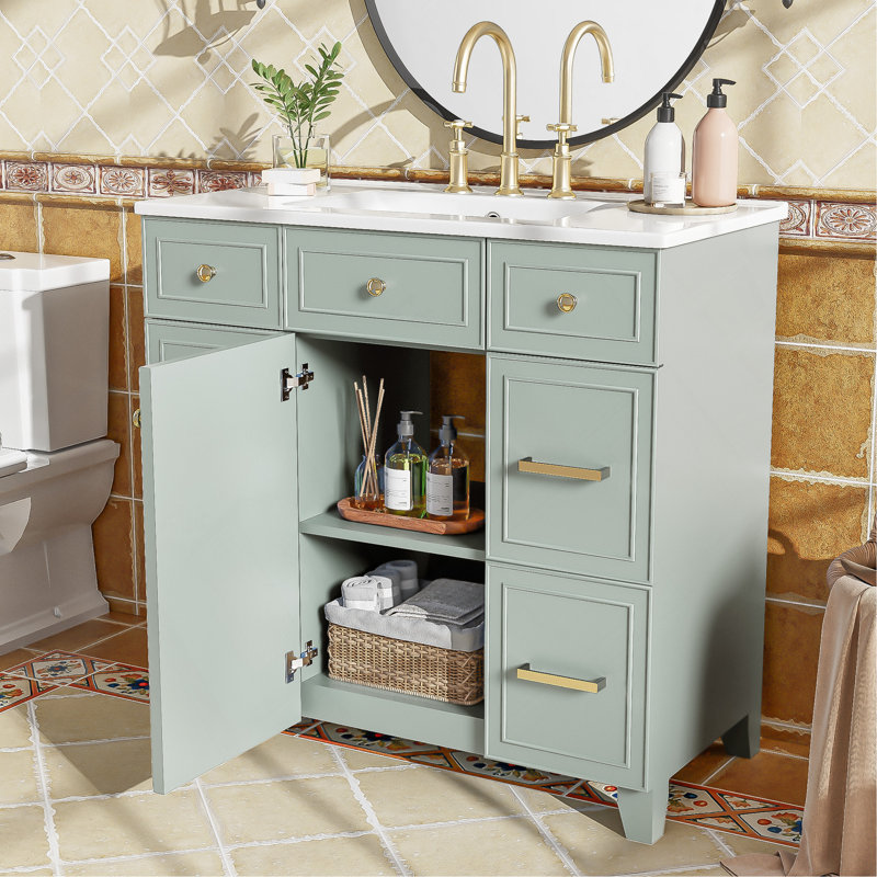 Meuble-lavabo 36 po avec lavabo en céramique, cadre en bois massif vert, portes à fermeture douce, tablettes réglables, 3 tiroirs, y compris un tiroir à double profondeur pour le rangement du sèche-cheveux