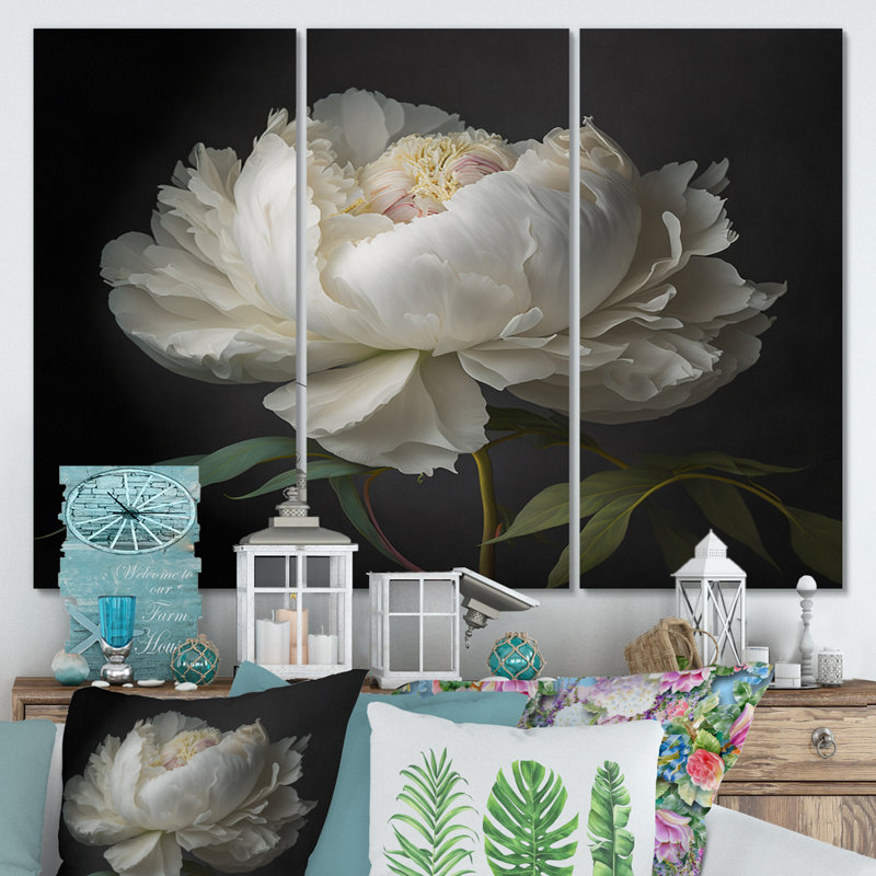 Blooming White Peony VI - 3 impressions sur toile tendue, H 32 po x l 48 po x P 1 po