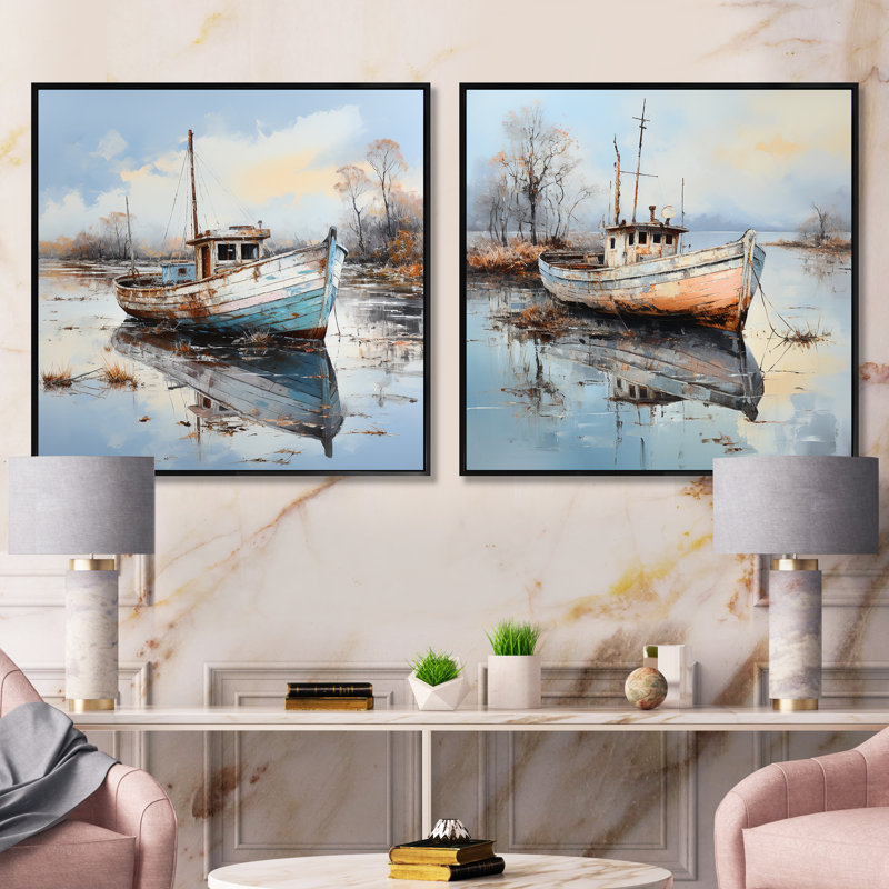 Bateau de charme en hiver - ensemble de 2 collages carrés, Cadre flottant doré, H 30 po x l 61 po