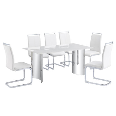 Kelik Modern Dining Table Set, Rectangular White Faux Marble Table with Mirrored Stainless Steel Base and Cantilever Chairs