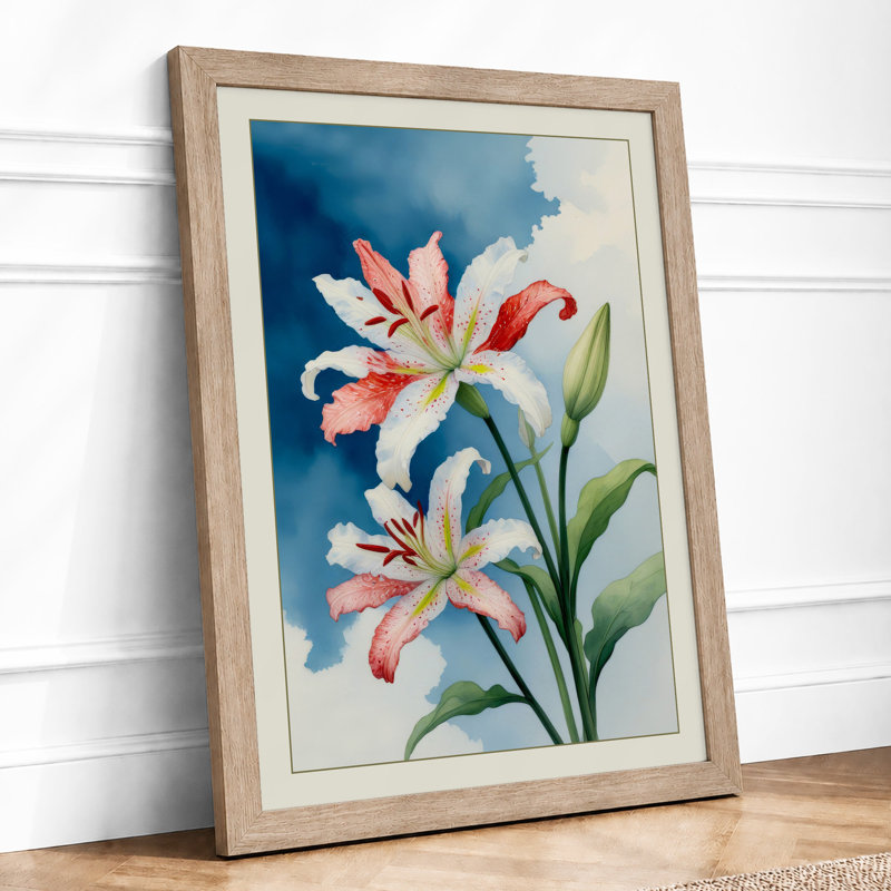 Pink Blooms in Blue Botanical - Framed Print, A1 - 84.1 x 59.4 cm, Oak