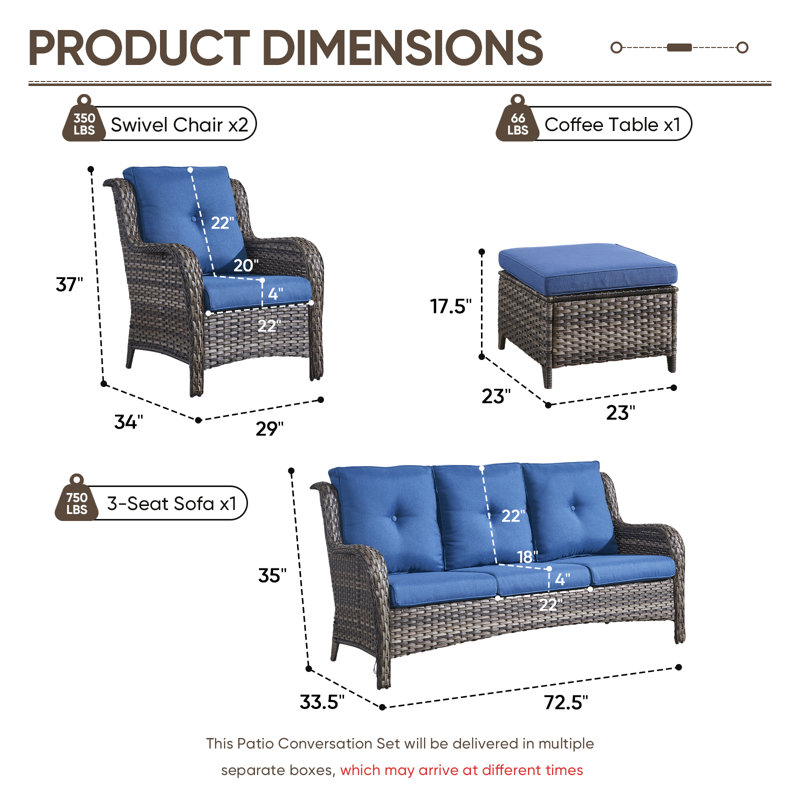 Patio Furniture Set 5 Pieces, Outdoor Wicker Furniture With Ottomans, Modern Rattan Patio Chairs Conversation Sets With Sofa For Garden, Terrace, Porch, Balconies, Lawns