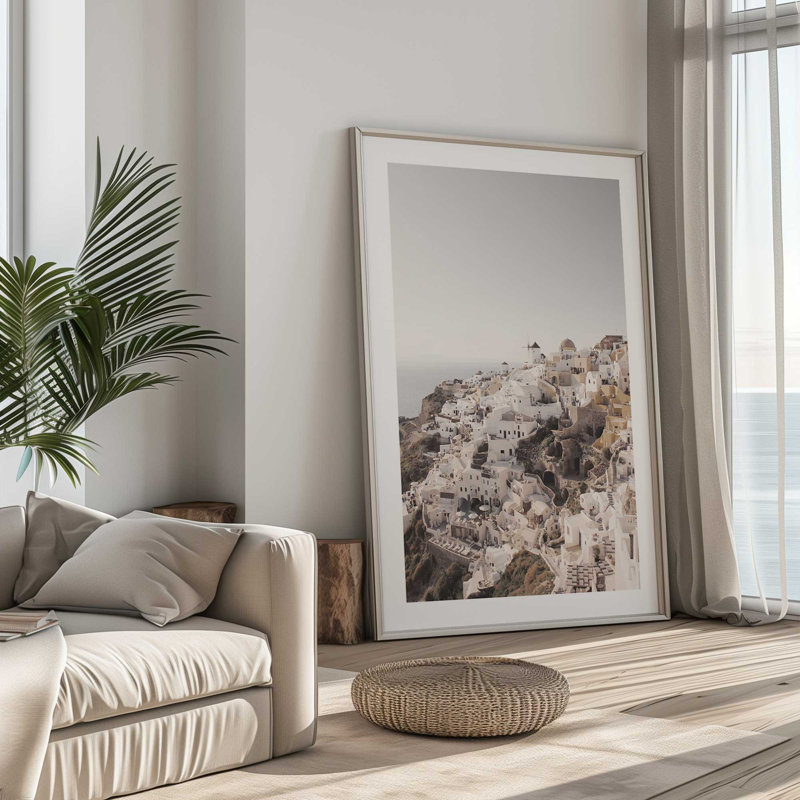 Imprimé serein de Santorini, H 11,25 po x l 9,25 po x P 1,25 po, Cadre en chrome poli