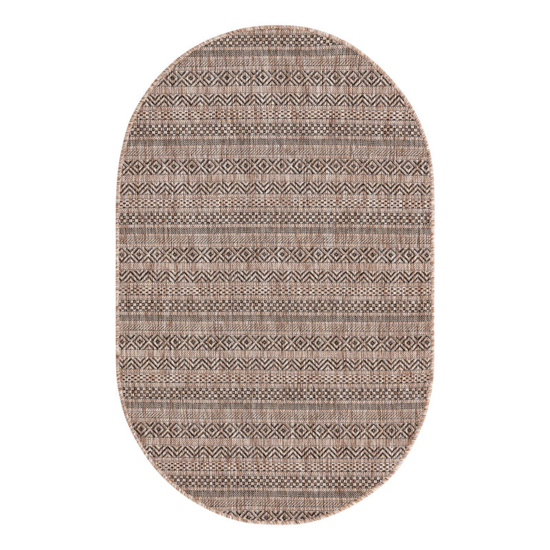 Tapis intérieur / extérieur brun à rayures Hewitt, Ovale 3 pi 3 po x 5 pi 3 po