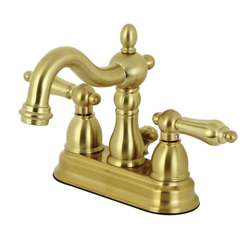 Kingston Brass Heritage Two-Handle 3-Hole Deck Mount 4" Centerset Bathroom Faucet with Plastic Pop-Up, Satin Brass
