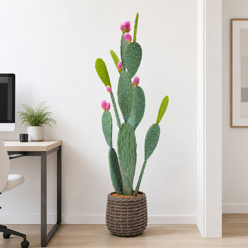 Cactus artificiel à 3 branches 4,5 pi avec fruits roses en pot tissé brun, plantes de cactus artificielles pour plantes grasses