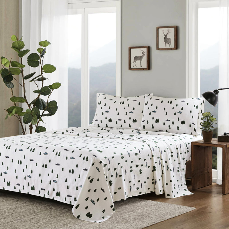 Ensemble de 4 draps pour grand lit avec arbres et camions fascinants, 100% flanelle de coton, velours doux double - brossé, convient au matelas de 14 po parfaitement ajusté et bien ajusté