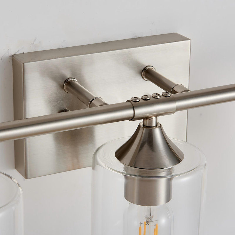 Applique murale de salle de bain à 6 lumières, fini nickel argenté brossé, abat-jour cylindrique en verre transparent, idéale pour les hôtels et les salles de bain principales.