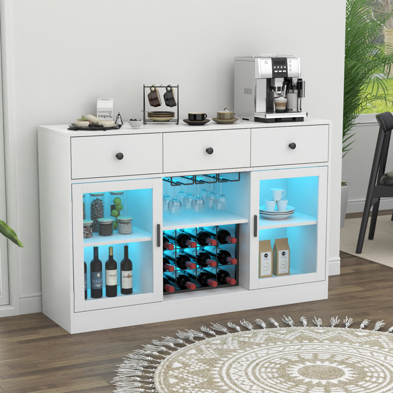 Wine Bar Cabinet with LED Light, Home Coffee Cabinet with Wine and Glass Rack, White